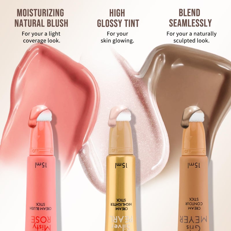 Color Nymph Liquid Makeup Wand Combo, Hydrating Light Tan Contour Glow Liquid Highlighter Pigmented Blush For Cheeks Fine Texture Natural Blend Long Lasting (Light Tan Contour+Blush+Highlighter) - Image 3